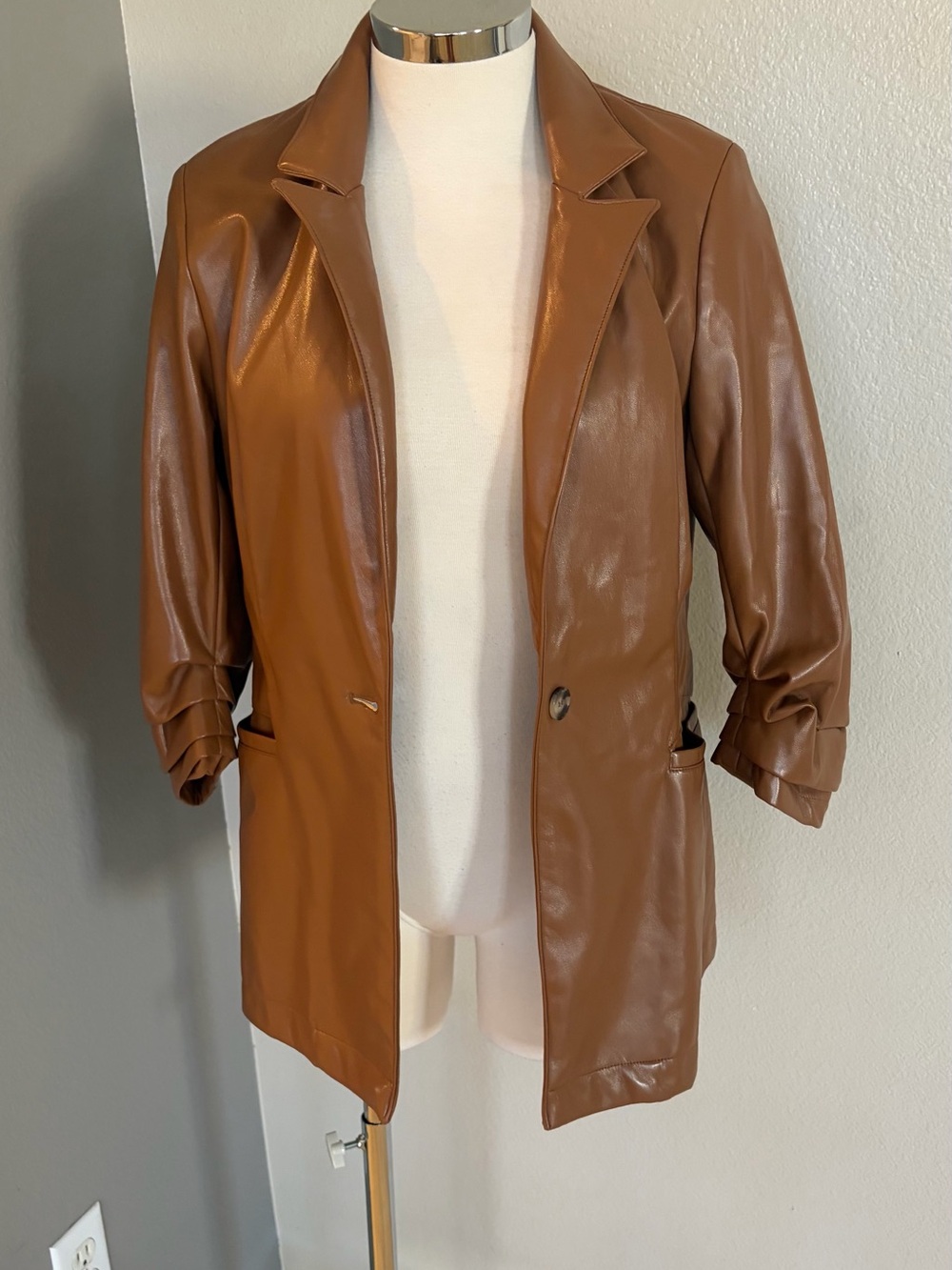 Rachel Zoe Cognac Faux Leather Single-Button Blazer